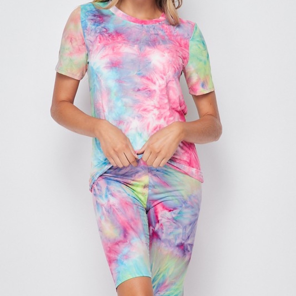 Women Rainbow TieDyed Shirt & Biker Short Set 2-pc